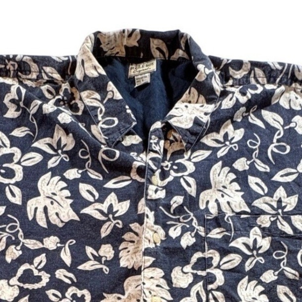 Bugle Boy Floral Hawaiian Shirt Mens XL Navy Blue Ramie Cotton Short Sleeve Vtg